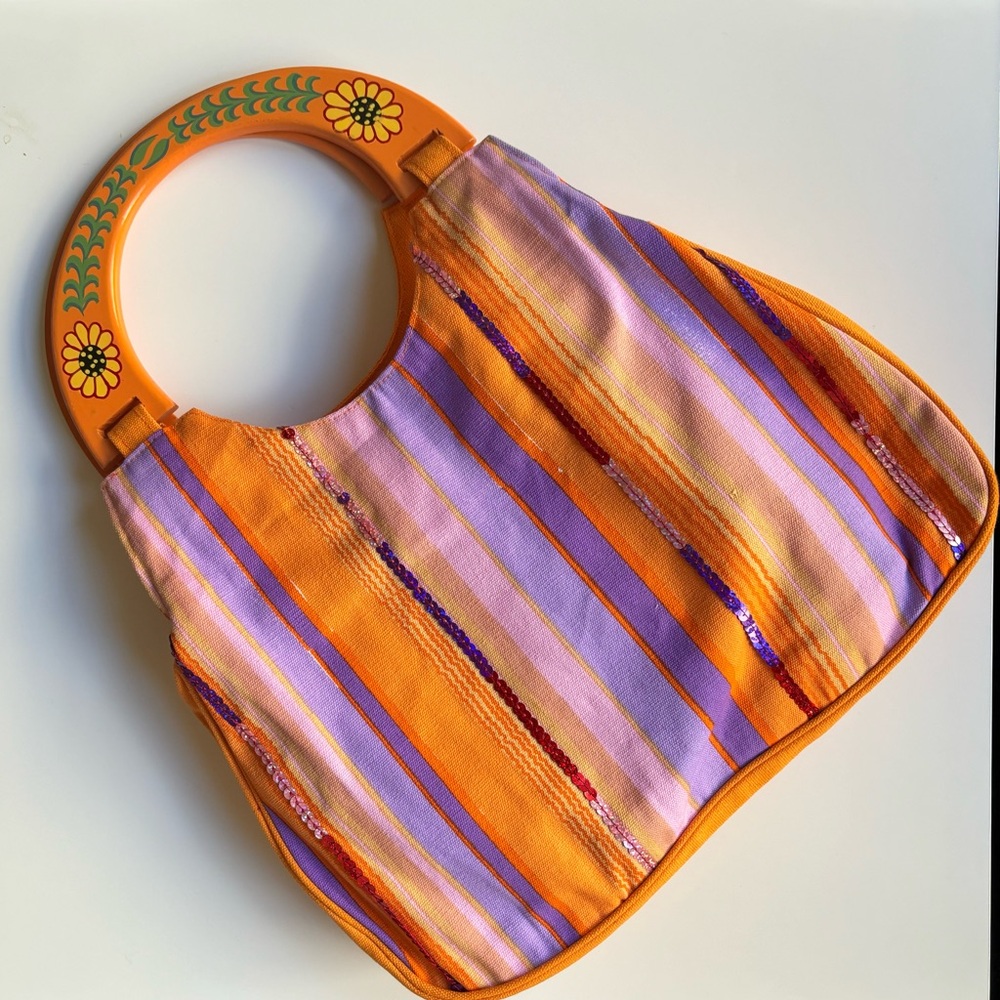 Hand-Painted Wooden Handle Boho Striped Bag